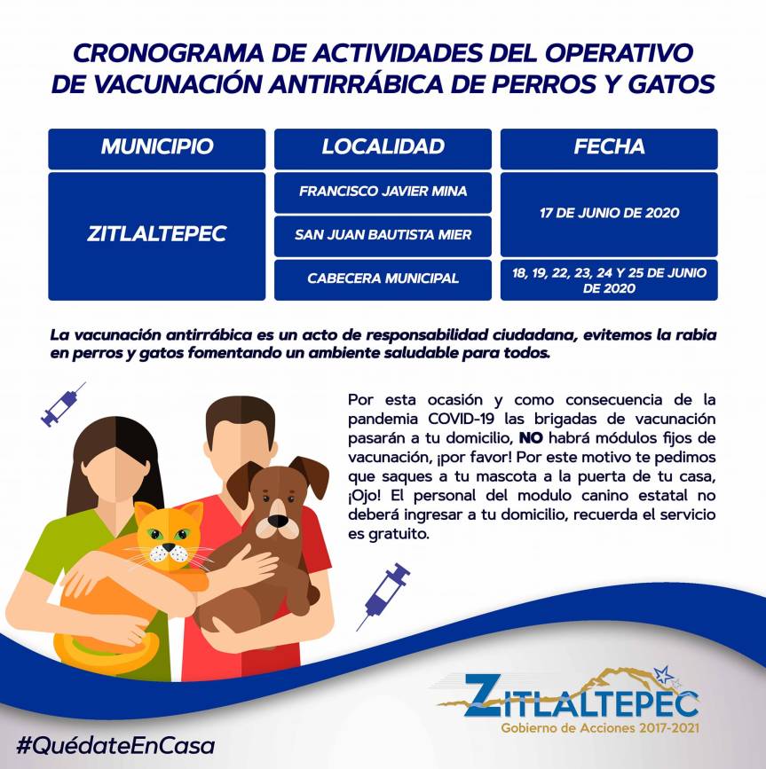 DEL 17 AL 25 OPERATIVO DE VACUNACIÓN ANTIRRÁBICA DE PERROS Y GATOS EN ZITLALTEPEC Y SUS&nbsp;COMUNIDADES.