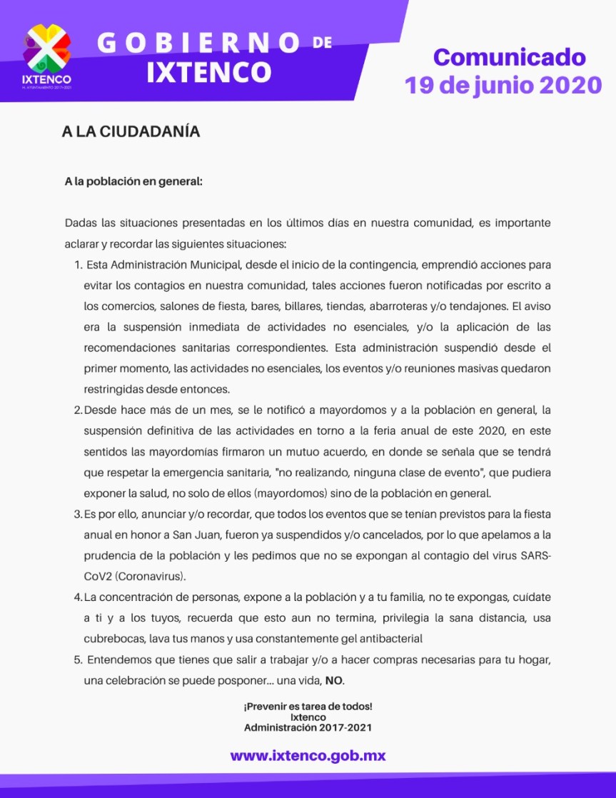 PIDE AYUNTAMIENTO DE IXTENCO COMPRENSIÓN POR SUSPENSIÓN DE FERIA Y PIDE CONTINUAR CON MEDIDAS DE PREVENCIÒN ANTE&nbsp;COVID-19