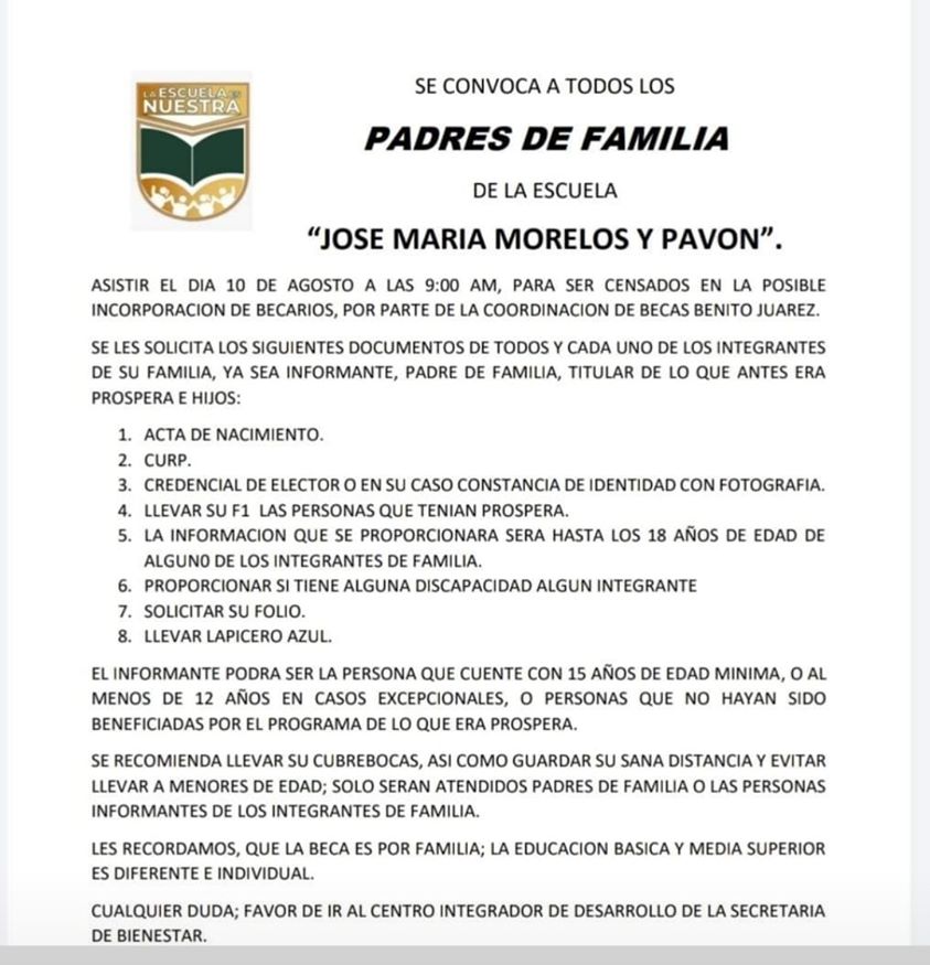 Convocan a proceso de inscripción en Zitlaltepec, la Primaria José Mariano Sánchez y a censo  José María Morelos y Pavón este 10 de&nbsp;Agosto.