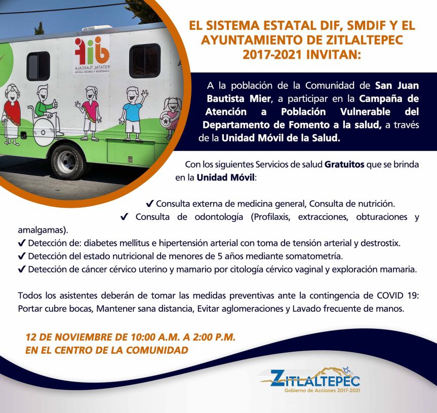 ¡ATENCIÓN! POBLACIÓN DE JAVIER MINA  ACUDE A LA UNIDAD MÓVIL DE SALUD ESTE 12 DE&nbsp;NOVIEMBRE.