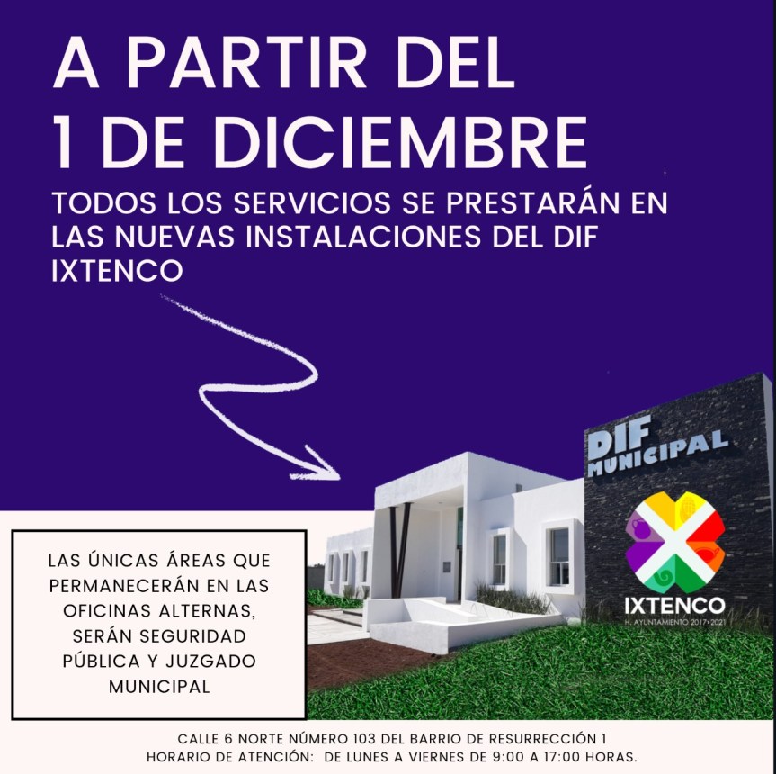 A partir del 1 de diciembre, todos los servicios se trasladan a las nuevas instalaciones del SMDIF de&nbsp;Ixtenco