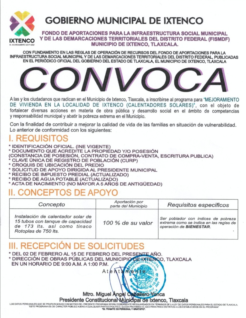 Pública Ixtenco su convocatoria para acceder al Programa de Calentadores Solares Gratuitos&nbsp;.