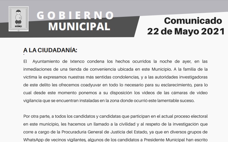 Ayuntamiento de Ixtenco condena los hechos ocurridos la noche de&nbsp;ayer