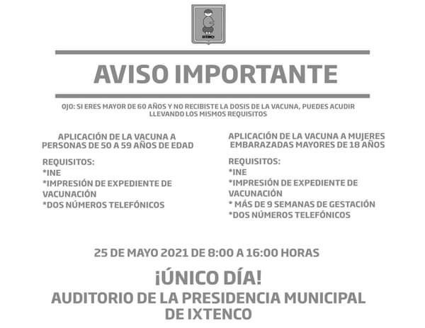 El martes vacunaran a los adultos de 50 a 59 años de edad en&nbsp;Ixtenco