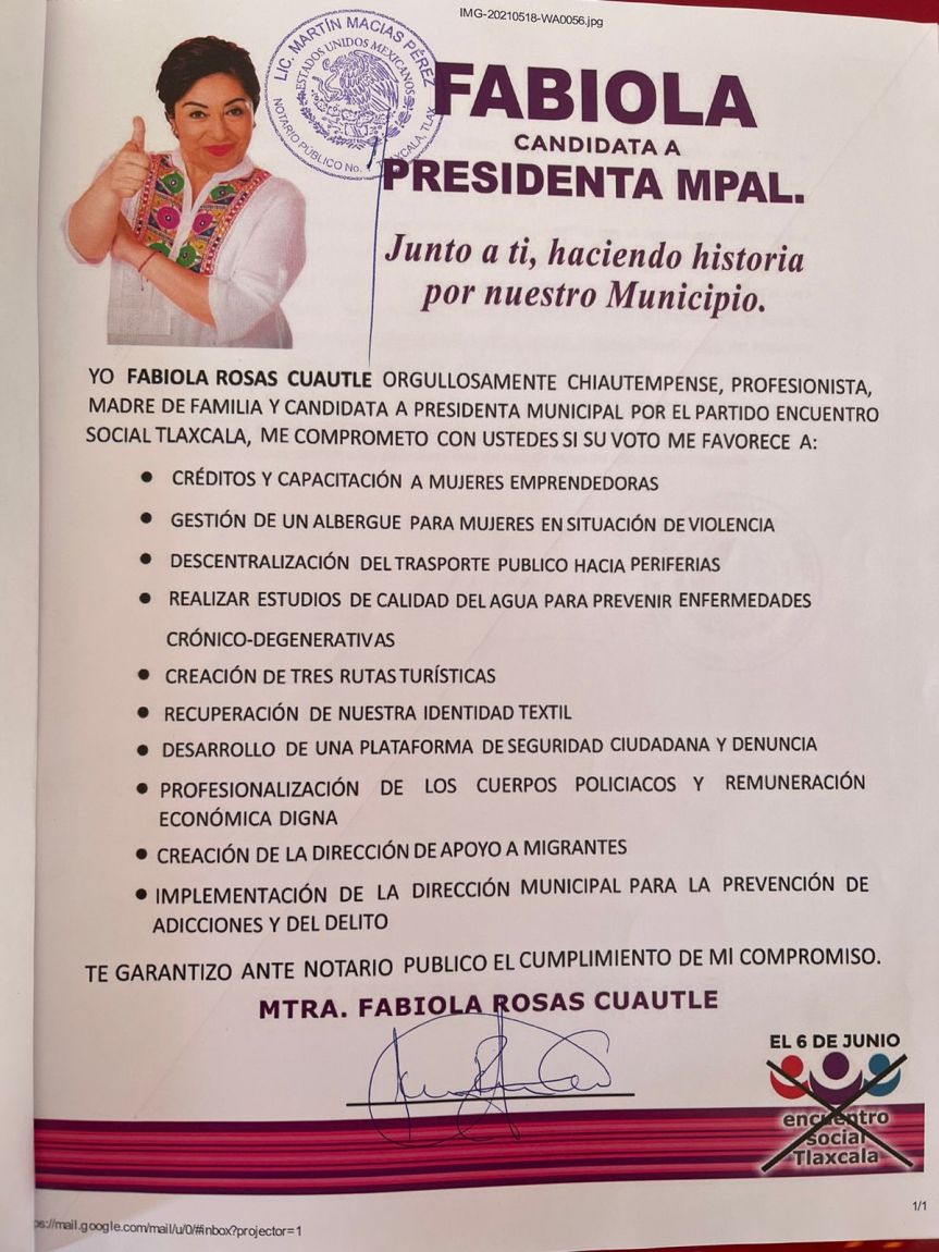 Firma Fabiola Rosas Cuautle ante notario gobernar Chiautempan tres años, si&nbsp;gana