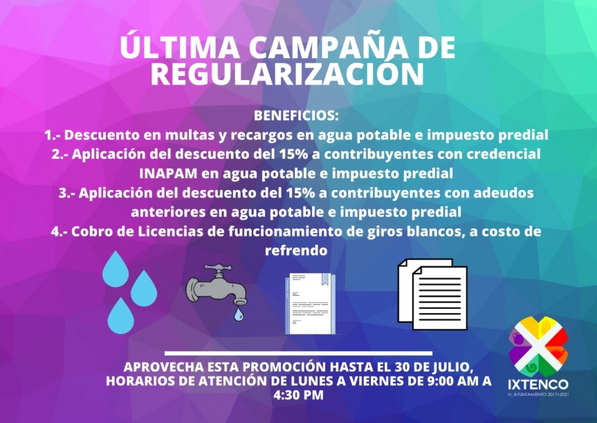Anuncia Ixtenco, última campaña de descuento en pago de agua potable, impuesto predial y licencias de&nbsp;funcionamiento.