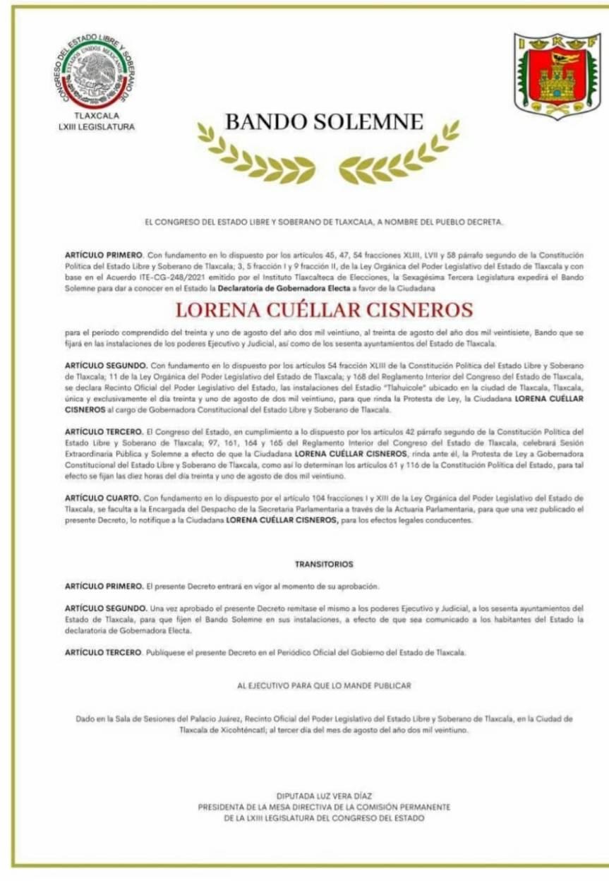 CONGRESO DE TLAXCALA DA A CONOCER LA DECLARATORIA DE GOBERNADORA ELECTA A FAVOR DE LORENA CUÉLLAR&nbsp;CISNEROS
