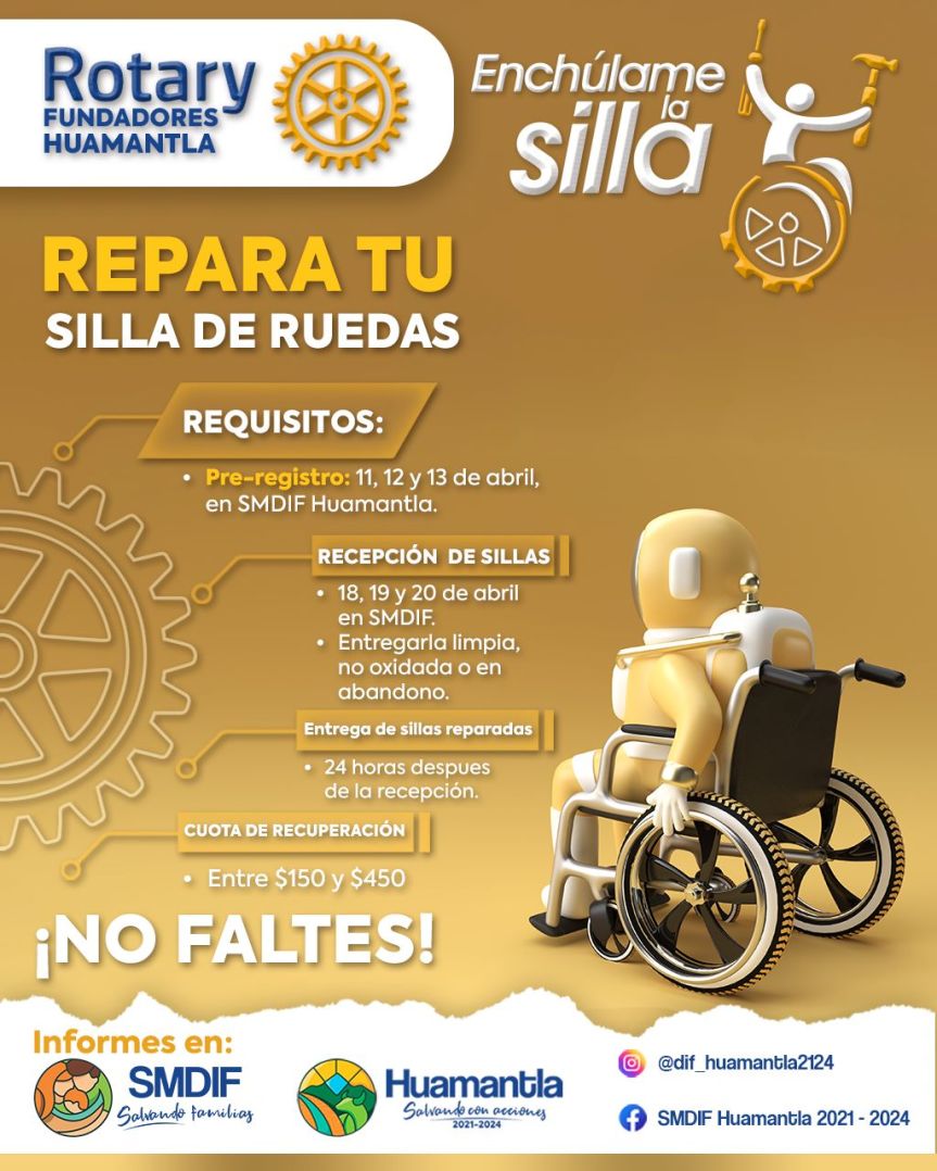 SMDIF HUAMANTLA Y CLUB ROTARY FUNDADORES INVITAN A PARTICIPAR EN EL PROGRAMA “ENCHÚLAME LA SILLA” 