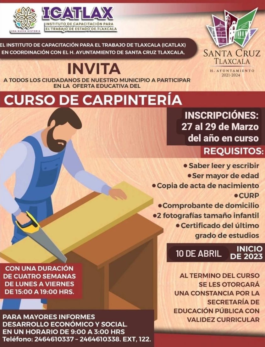ICATLAX Y AYUNTAMIENTO DE SANTA CRUZ TLAXCALA, INVITAN A CURSO DE&nbsp;CARPINTERIA