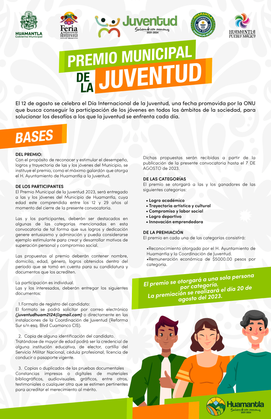 CONVOCA AYUNTAMIENTO DE HUAMANTLA AL PREMIO MUNICIPAL DE LA JUVENTUD&nbsp;2023