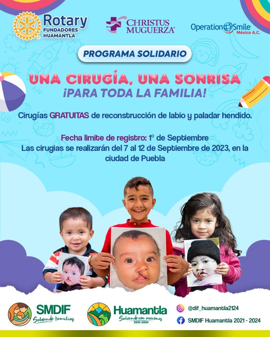 EL DIF HUAMANTLA, EL CLUB ROTARY Y OPERATION SMILE BRINDARÁN CIRUGÍAS GRATUITAS DE RECONSTRUCCIÓN DE LABIO Y PALADAR&nbsp;HENDIDO