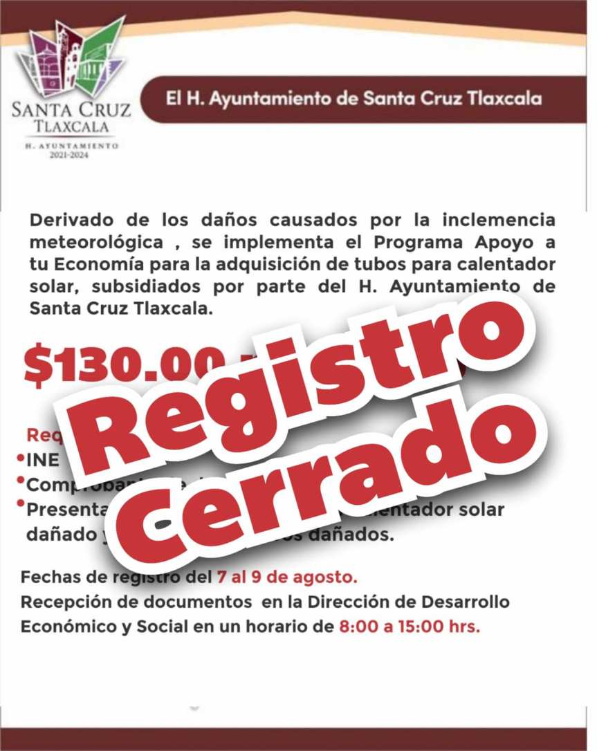 CERRADO EL REGISTRO PARA ADQUISICIÓN DE TUBOS PARA CALENTADOR SOLAR SUBSIDIADOS POR EL&nbsp;AYUNTAMIENTO