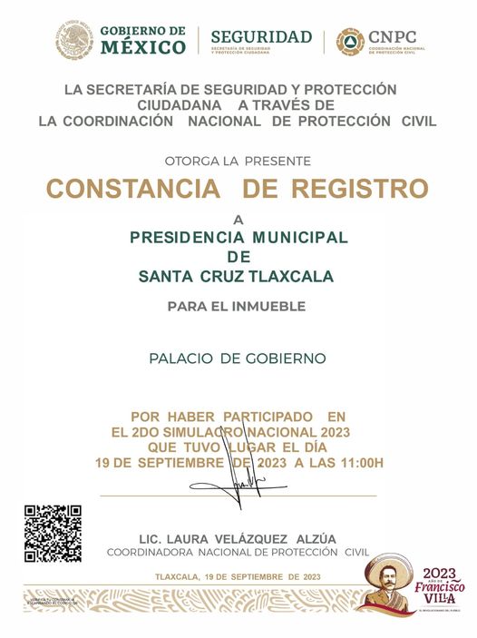 Otorga la Coordinación Nacional del Protección Civil constancia de registro a Santa Cruz&nbsp;Tlaxcala