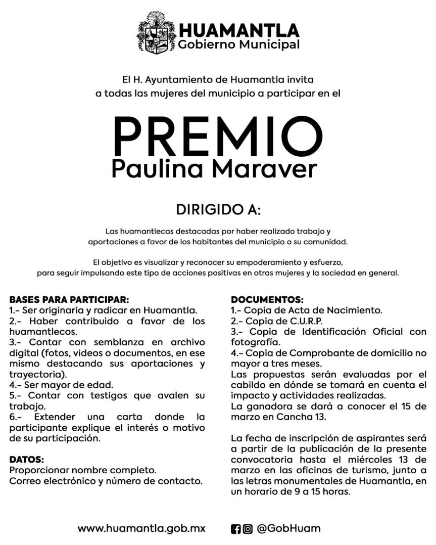 AYUNTAMIENTO DE HUAMANTLA CONVOCA A LAS MUJERES DEL MUNICIPIO AL PREMIO PAULINA MARAVER&nbsp;2024