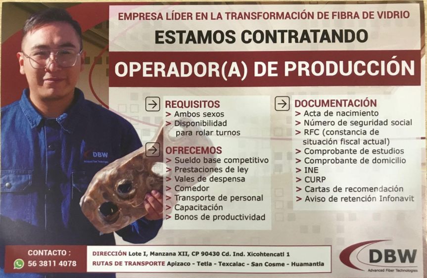 EL GOBIERNO DE HUAMANTLA INVITA A PARTICIPAR EN VACANTES DE EMPRESA&nbsp;DBW