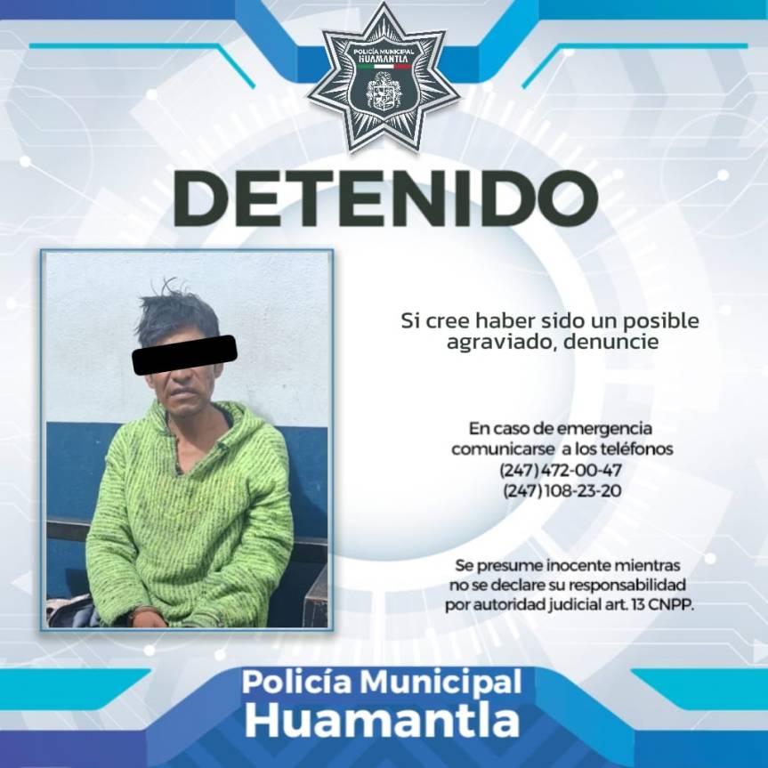 DETIENE LA POLICÍA MUNICIPAL DE HUAMANTLA A HOMBRE ACUSADO DE COMETER ATRACOS A COMERCIOS DE LA&nbsp;CIUDAD