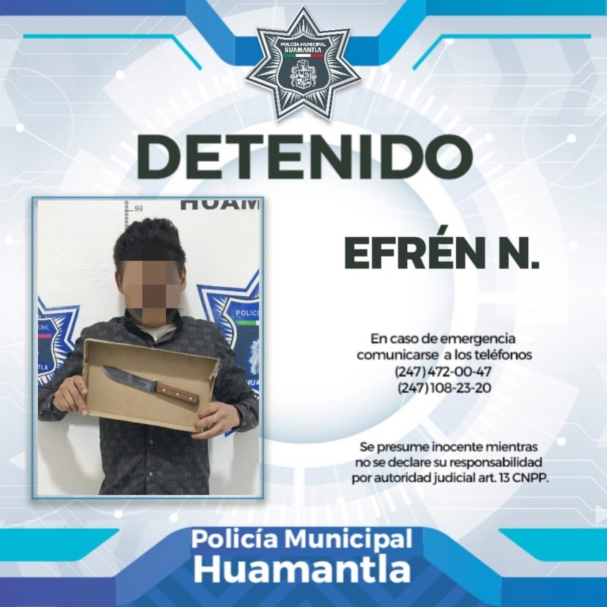 RETIRA POLICÍA DE HUAMANTLA A IMPRUDENTE SUJETO CON ARMA BLANCA DE LAS CALLES 