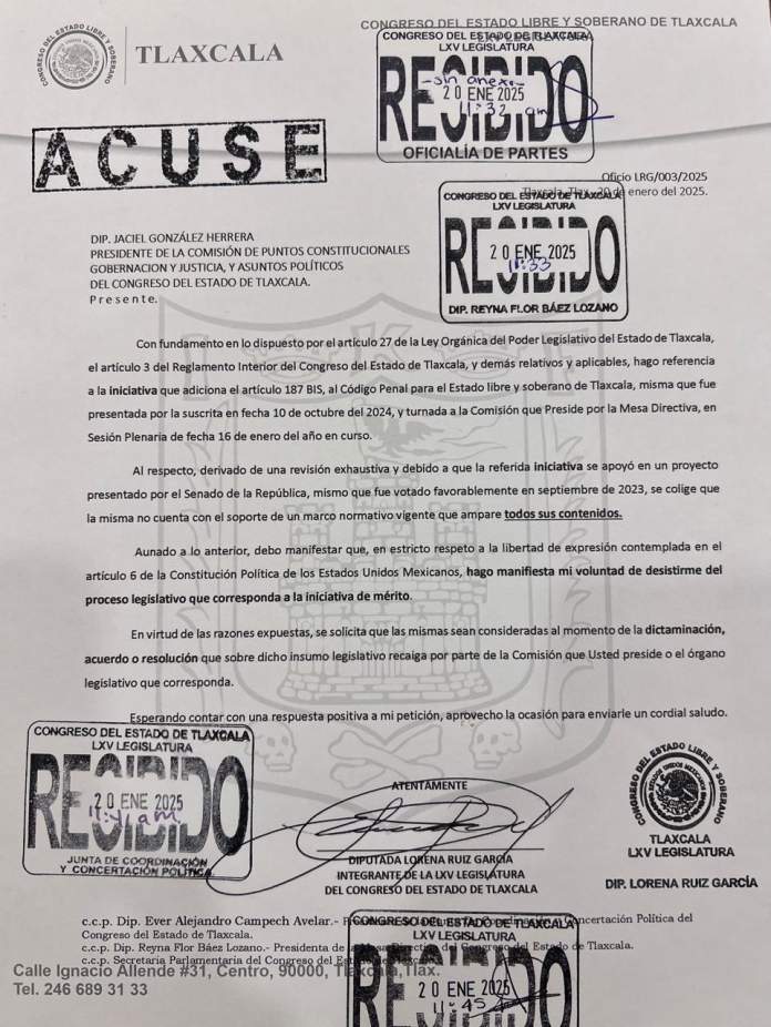 Presenta Lorena Ruiz, oficio de desestimiento de&nbsp;iniciativa