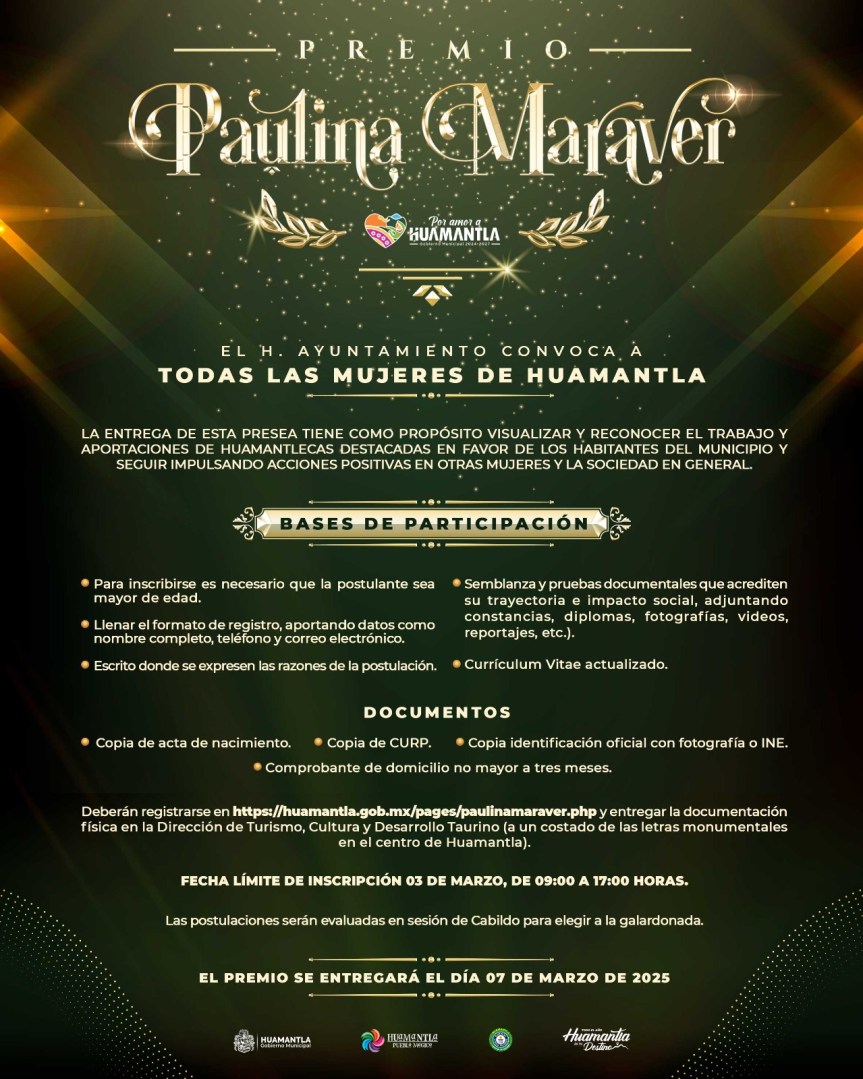 GOBIERNO MUNICIPAL ABRE CONVOCATORIA AL PREMIO “PAULINA MARAVER 2025” PARA RECONOCER A MUJERES&nbsp;HUAMANTLECAS