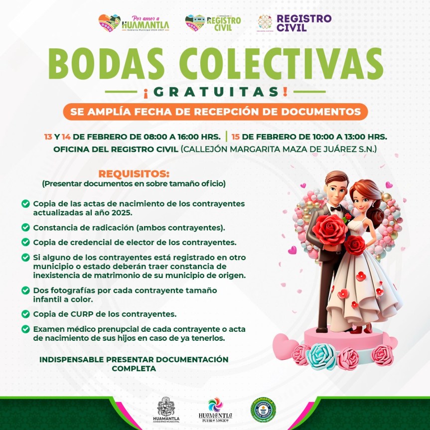 REGISTRO CIVIL DE HUAMANTLA AMPLÍA PLAZO PARA ENTREGA DE DOCUMENTACIÓN DE BODAS&nbsp;COLECTIVAS