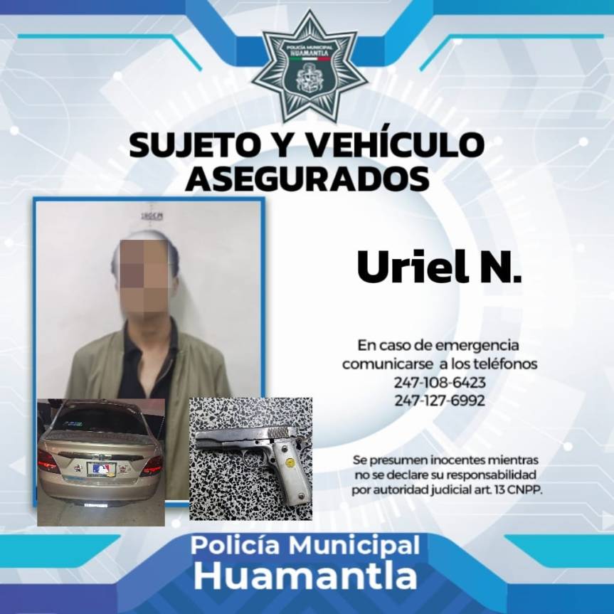 ASEGURA POLICÍA DE HUAMANTLA A DOS PERSONAS CON OBJETO CON CARACTERÍSTICAS SIMILARES A UN ARMA DE FUEGO Y AUTO CON REPORTE DE&nbsp;ROBO