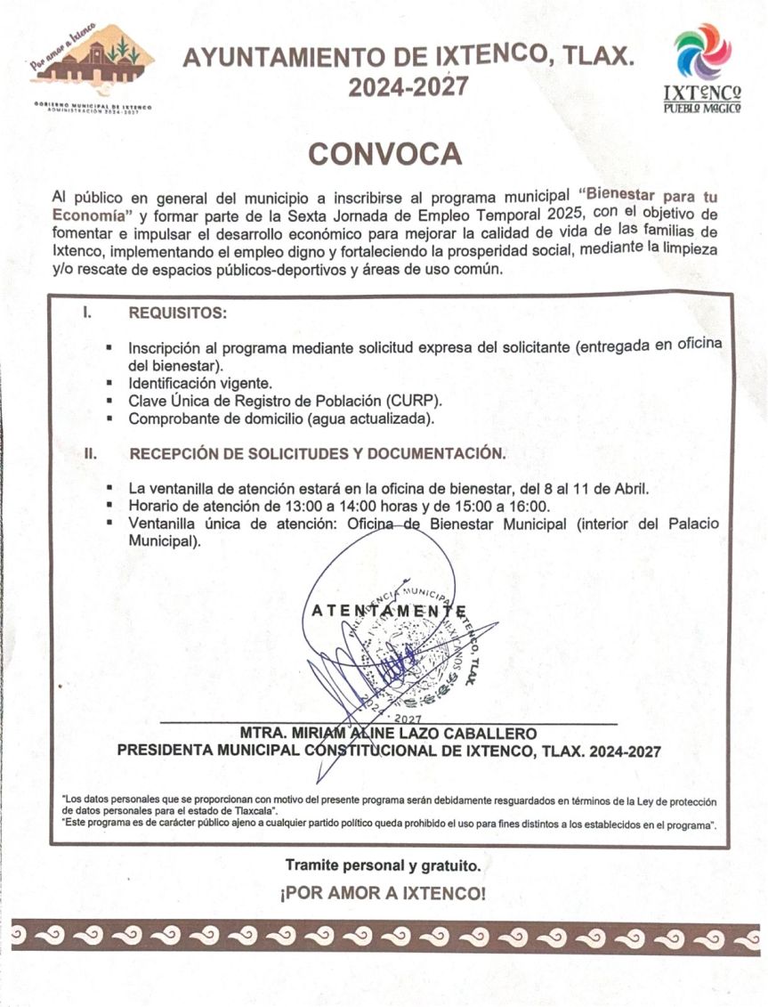 Gobierno de Ixtenco lanza la Sexta Jornada de Empleo Temporal 2025 a través del programa “Bienestar para tu&nbsp;Economía”