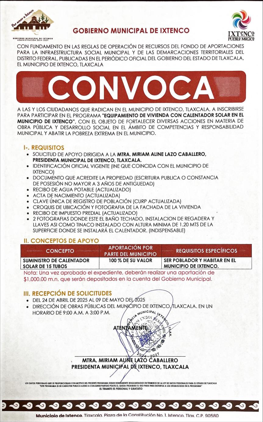 Gobierno Municipal de Ixtenco lanza convocatoria para el programa de equipamiento de vivienda con calentador&nbsp;solar
