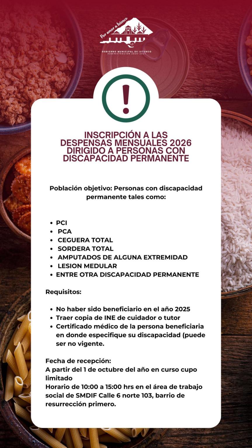 Ixtenco abre convocatoria para el Programa de Despensa Mensual 2026 dirigido a personas con discapacidad&nbsp;permanente