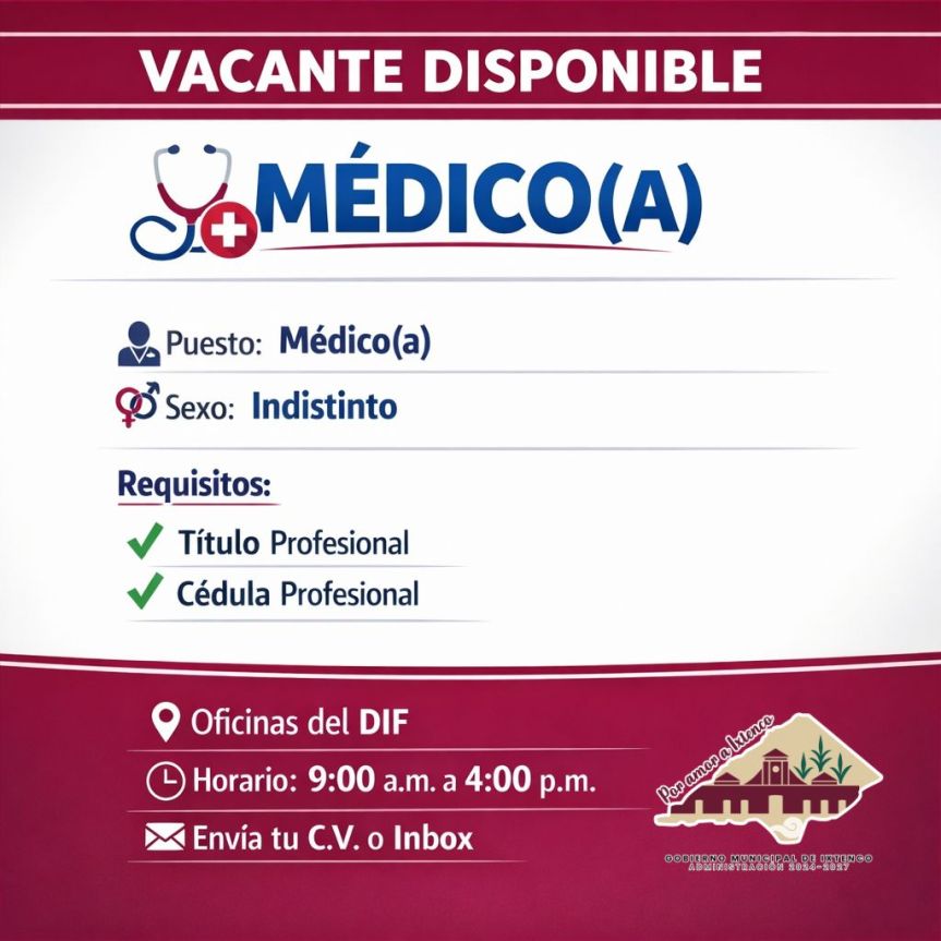 Sistema Municipal DIF Ixtenco abre vacante para&nbsp;Médico(a)