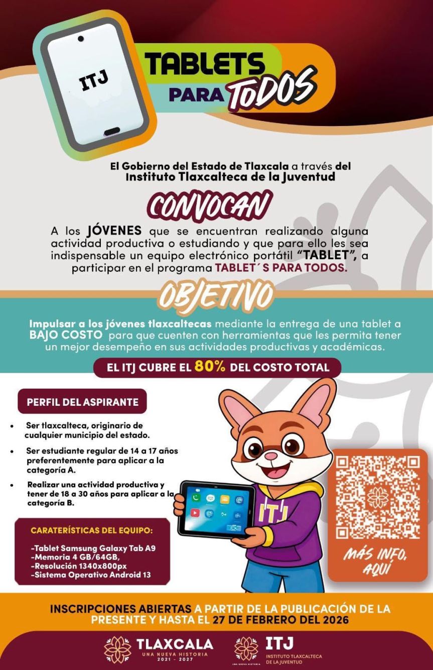 GOBIERNO MUNICIPAL DE HUAMANTLA INVITA A JÓVENES A PARTICIPAR EN LA CONVOCATORIA “TABLETS PARA&nbsp;TODOS”
