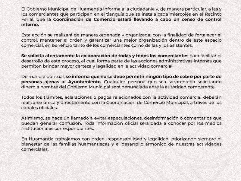 Realizará Gobierno Municipal de Huamantla censo interno en tianguis de los miércoles para fortalecer el orden y la&nbsp;legalidad
