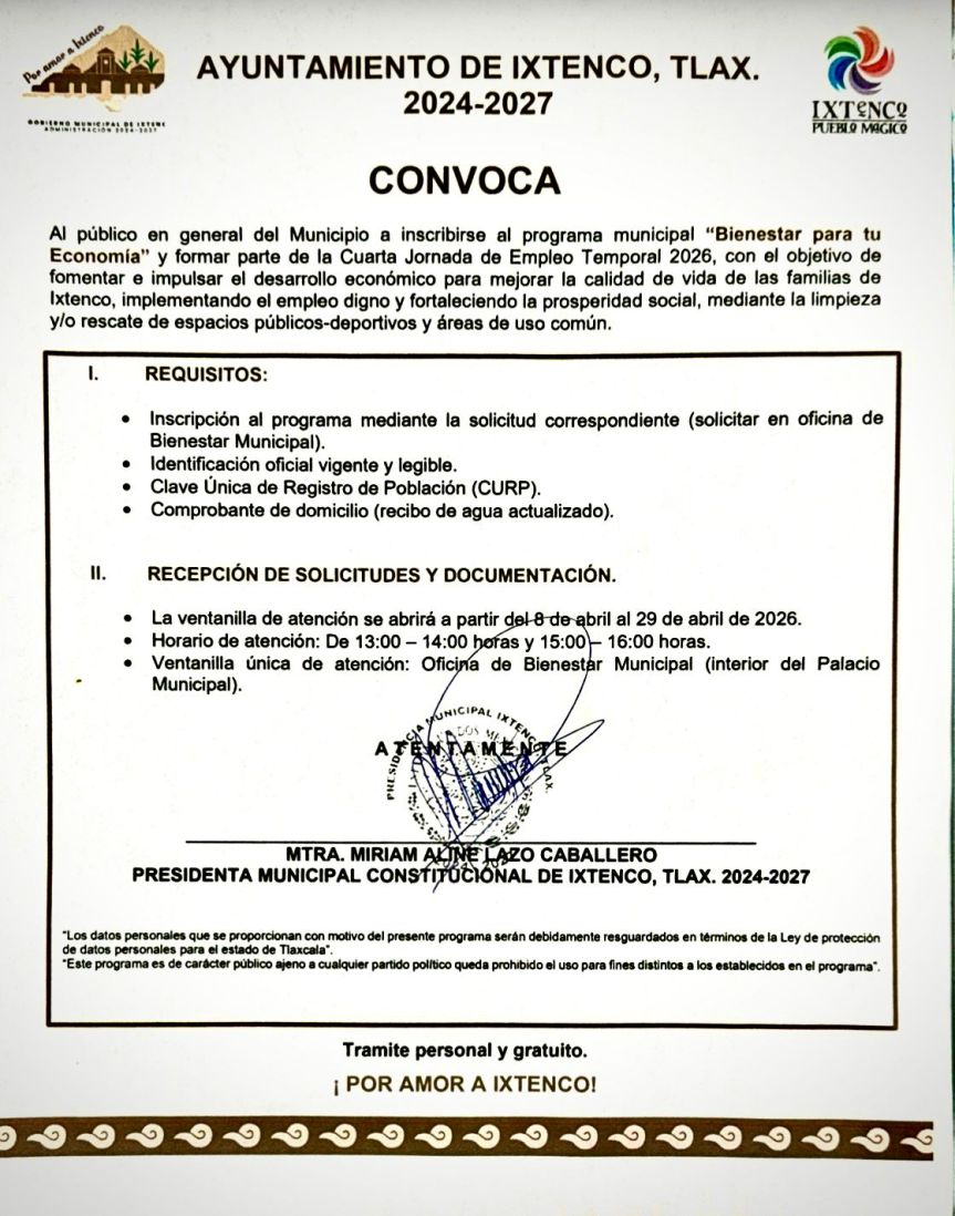 Abre Ayuntamiento de Ixtenco convocatoria para la Cuarta Jornada de Empleo Temporal&nbsp;2026