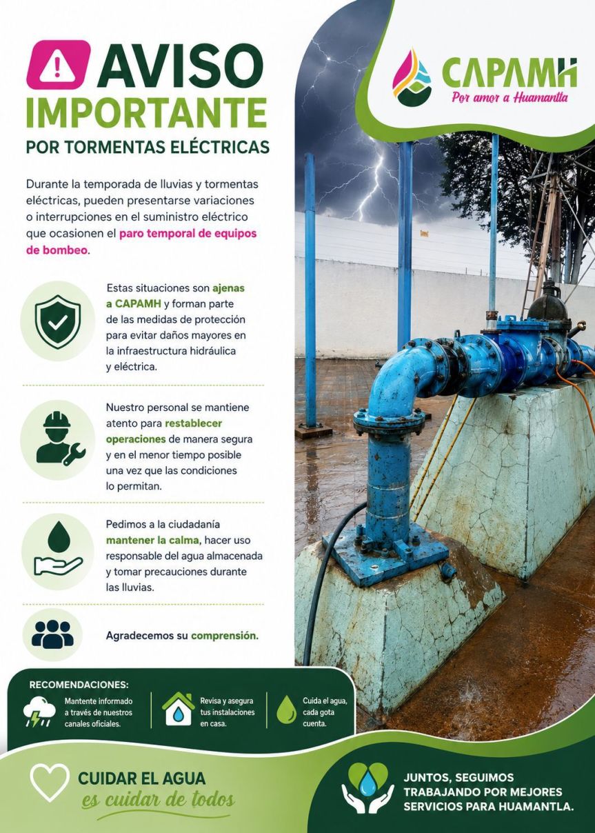 CAPAMH informó sobre posibles pausas temporales en equipos de bombeo durante tormentas&nbsp;eléctricas