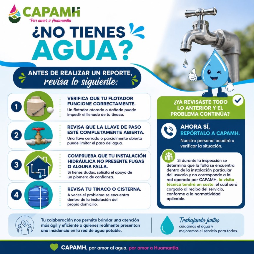 💧 ¿No tienes agua en tu domicilio? Antes de realizar un reporte, te invitamos a revisar algunos puntos básicos de tu instalación. En muchas ocasiones, una simple verificación puede ayudar a identificar el origen del problema y resolverlo de forma&nbsp;inmediata