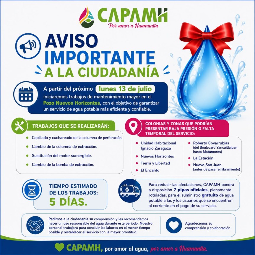 Comisión de Agua Potable de Huamantla anuncia mantenimiento mayor en el pozo Nuevos&nbsp;Horizontes