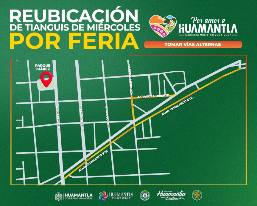 RECUERDA: HOY MIÉRCOLES EL TIANGUIS SE UBICARÁ TEMPORALMENTE EN EL BULEVAR&nbsp;CUAMANCO