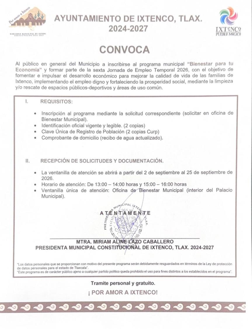 GOBIERNO DE IXTENCO ABRE CONVOCATORIA PARA LA SEXTA JORNADA DE EMPLEO TEMPORAL&nbsp;2026