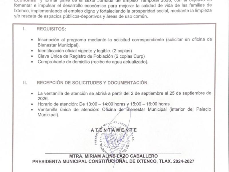 GOBIERNO DE IXTENCO ABRE CONVOCATORIA PARA LA SEXTA JORNADA DE EMPLEO TEMPORAL&nbsp;2026