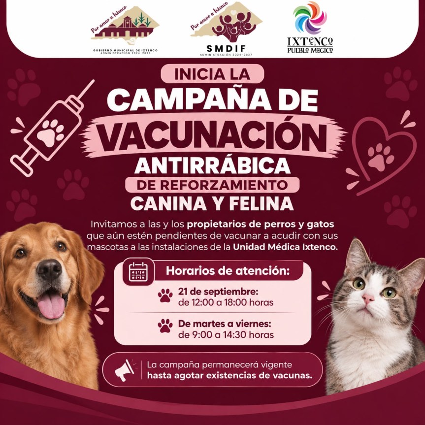 INICIA EN IXTENCO CAMPAÑA DE VACUNACIÓN ANTIRRÁBICA DE REFORZAMIENTO CANINA Y&nbsp;FELINA